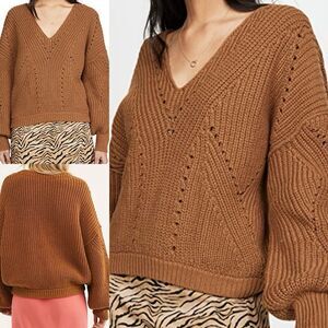 Free People All Day Long Sweater Women L Brown Cropped Oversized V Neck‎ Ribbed